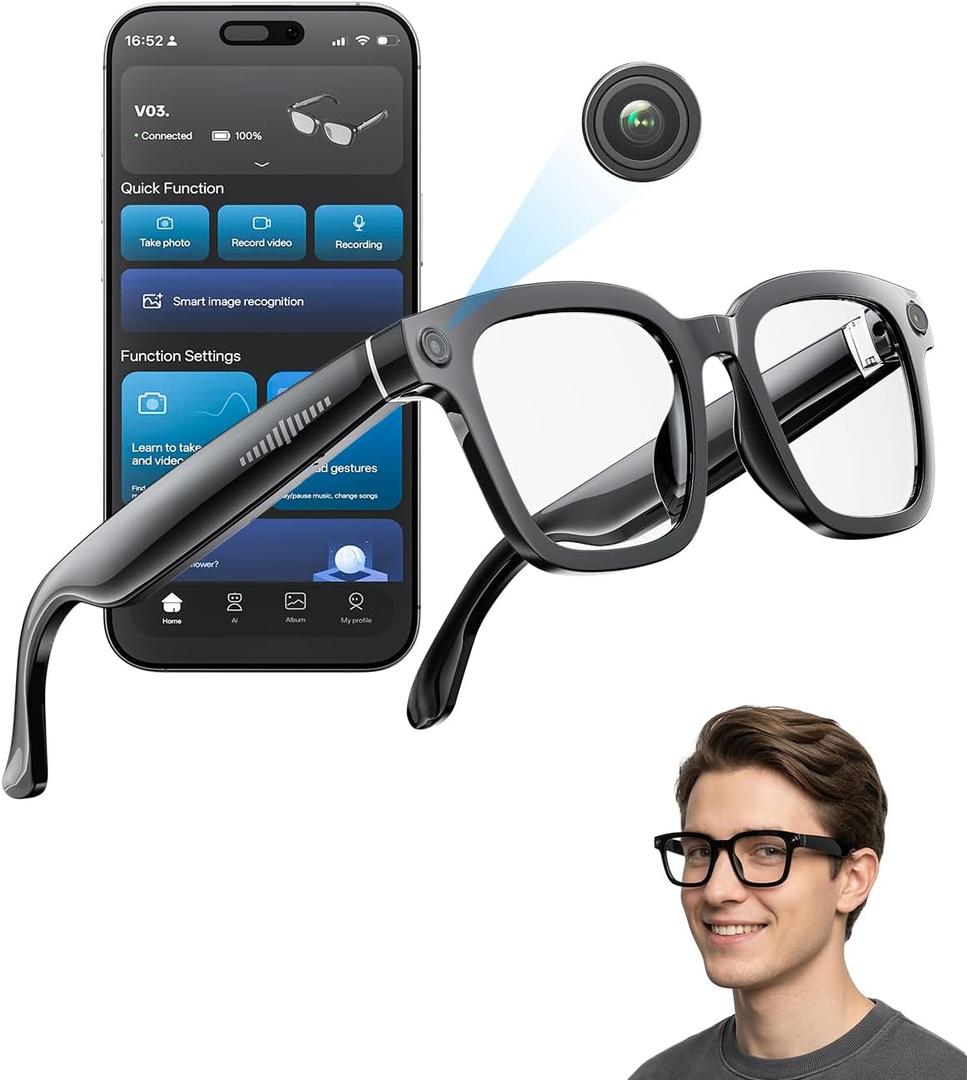 2026 AI Smart Glasses with Camera and Bluetooth, 8MP 32GB 1200P HD Camera Glasses Supports Photo/Video/Audio Recording, Real-Time Translation, Voice Assistant, Object Recognition for Life Work Vlog (Black frame + Blue light lens)