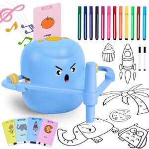 Drawing Robot for Kids, Interactive Educational Drawing Robot, Kids Robot Toys with 100 Word Cards, 12 Color Pens & Voice Interaction, Drawing Machine Present for Girls and Boys Age 5+, Blue