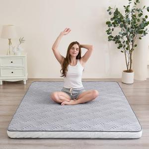 Zelladorra Japanese Floor Mattress, Quilted Futon Mattress with Anti-Slip Bottom, Foldable Floor Bed with Storage Bag and Straps, (Light Grey, Twin)