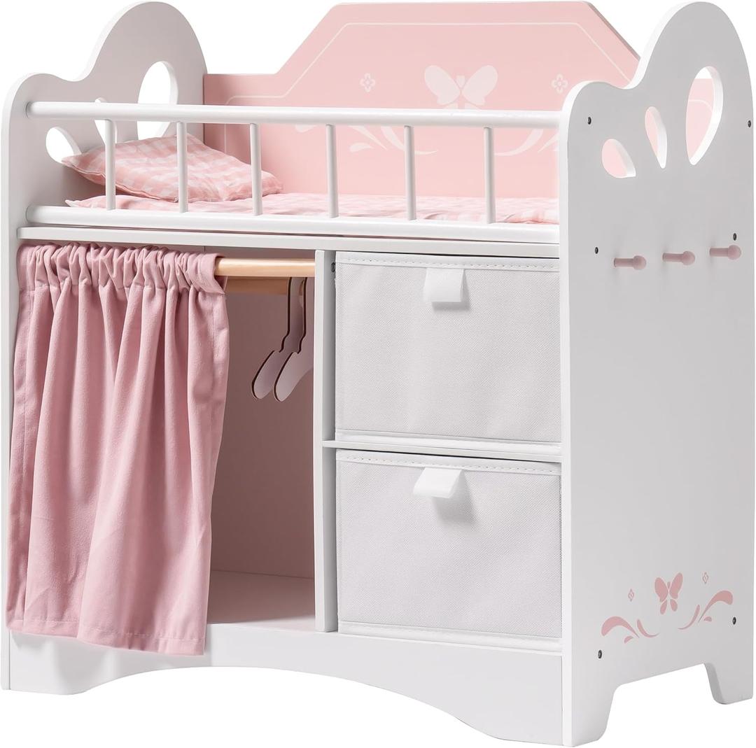 ROBOTIME Baby Doll Crib, Wooden Doll Bed, Toy Baby Crib with Storage, Bedding, and Wooden Hooks, Doll Crib Fits Dolls up to 21", Doll Furniture for American Girls Ages 3+ (Pink)