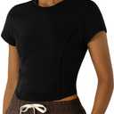 Workout Tops for Women Athletic Tops Short Sleeve Shirts-Cropped Slim Fit Gym Running Yoga T Shirts (Black, M)