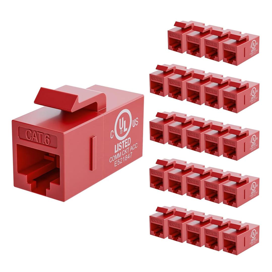 VCE UL-Listed CAT6 Keystone Coupler 25-Pack, Ethernet Coupler Female to Female, RJ45 Coupler for CAT6/CAT5e/CAT5, Keystone Jack, Red