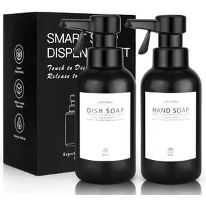 Automatic Soap Dispenser Liquid for Bathroom: 16 OZ Touch Dispense Plastic Black Modern Auto Large Soap Dispenser Sets for Kitchen - Hand Dish Lotion Couple Kids Home - Waterproof Labels