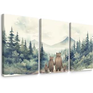Nursery Animal Wall Art Woodland Bear Wall Decor Wild Forest Animals Canvas Pictures Baby Nursery Woodland Poster Watercolor Forest Painting Family of Four for Boy Kids Bedroom 16x24x3 Inch Framed