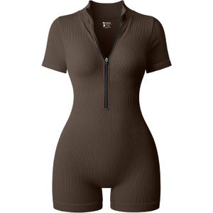 OQQ Women Rompers Ribbed Short Sleeve Zip Front Stretch Tummy Control Yoga Workout Rompers (Large, Darkbrown)