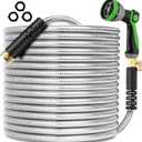 200FT Metal Garden Hose 304 Stainless Steel Flexible Water Hose - No Kink & Tangle Heavy Duty Pipe with Nozzle, Durable 3/4 Metal Fittings and Valve - Rust Proof Puncture Proof for Yard Lawn (Silver)