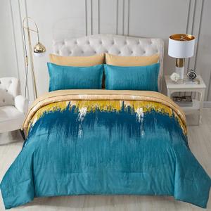 WONGS BEDDING Teal Comforter Set Queen,7 Pieces Bed in a Bag Colorful Abstract Art Gradient Comforter Soft Microfiber Bedding Set with Comforter, Flat Sheet, Fitted Sheet, Pillow Shams,Pillowcases