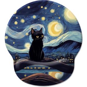 Black Cat Ergonomic Mouse Pad Wrist Support, Starry Night Gel Mouse Pads with Wrist Rest, Cute Computer Mousepad for Desk with Non-Slip PU Base, Comfortable Mouse Pad Office Desk Accessories