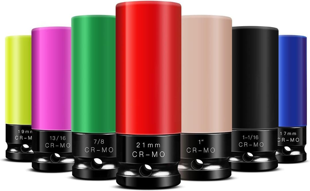 BOEN 1/2" Drive Impact Lug Nut Socket, 7 Pieces Non-Marring Wheel Protector Thin Wall Deep Socket Set, Metric 17 19 21 mm | SAE 13/16 7/8 1 1-1/16 inch, 6 Point Design, Color-Coded, CR-MO Steel