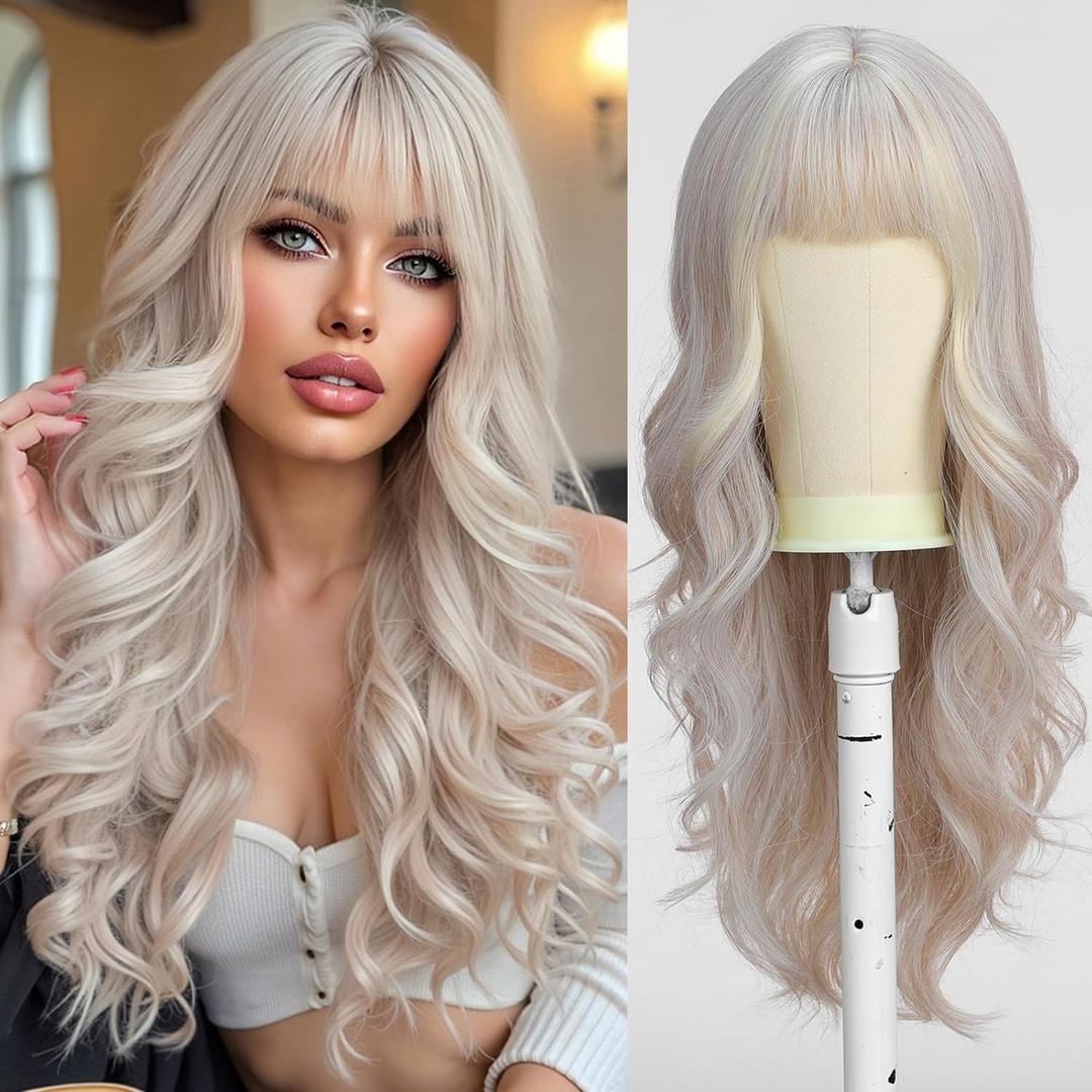 Esmee Long Wavy Platinum Blonde Wig for Women Natural Synthetic Hair Heat Resistant white Wigs with Fringe