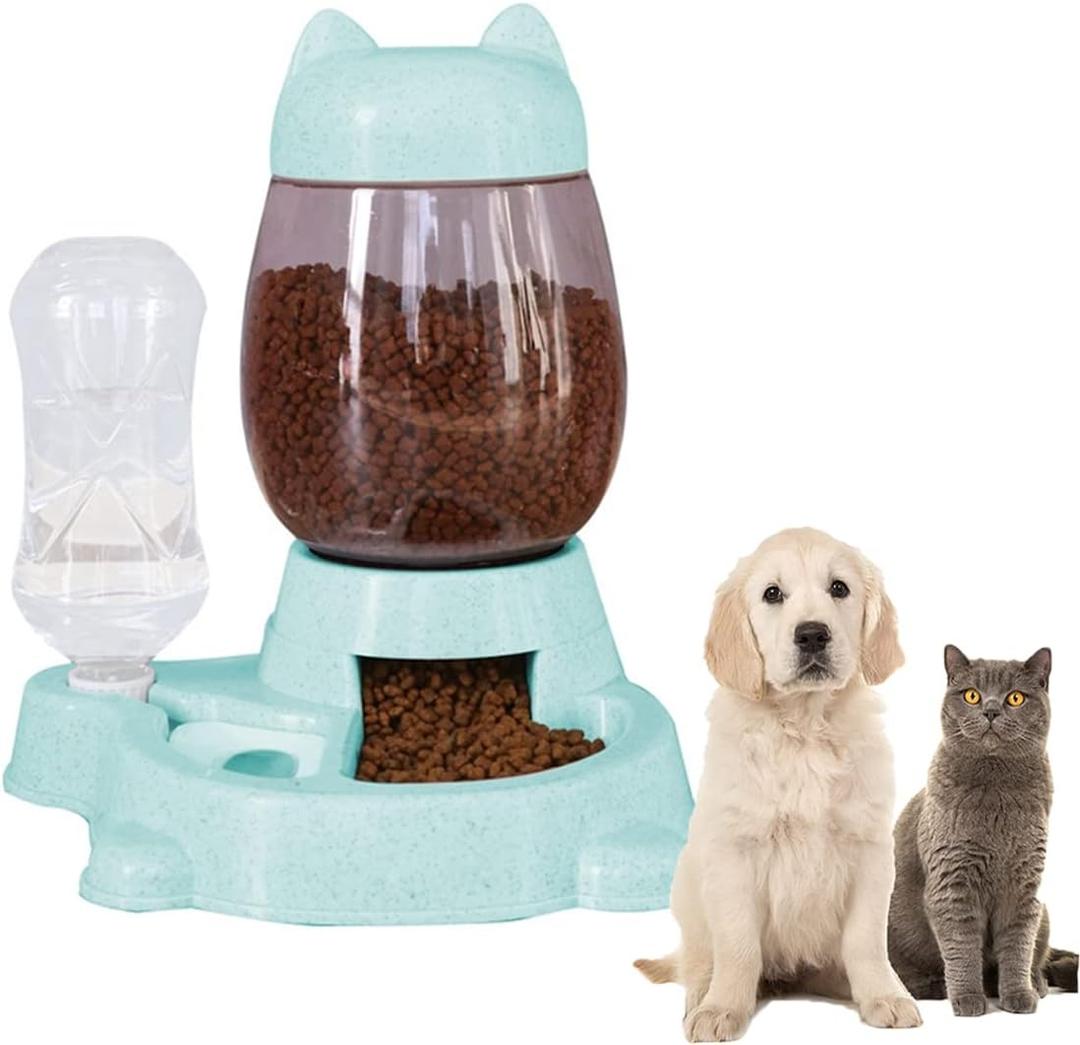 Automatic Cat & Dog Feeder Set - Self-Dispensing Food and Water Dispenser, Large Capacity (Green)