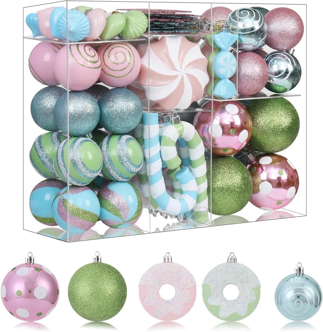 105PCS Pink Blue Green Christmas Ornaments Set, Cute Pastel Assorted Christmas Ball Ornaments, Shatterproof Christmas Decorations Hanging Balls for Christmas Tree Holiday Party Decor (Pink/Blue/Green)
