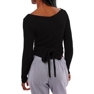 Women Wool Tie Front Tops Crop Top Solid Long Sleeve Solid V Neck Lightweight Crochet Cardigan Crop (Medium, Black)