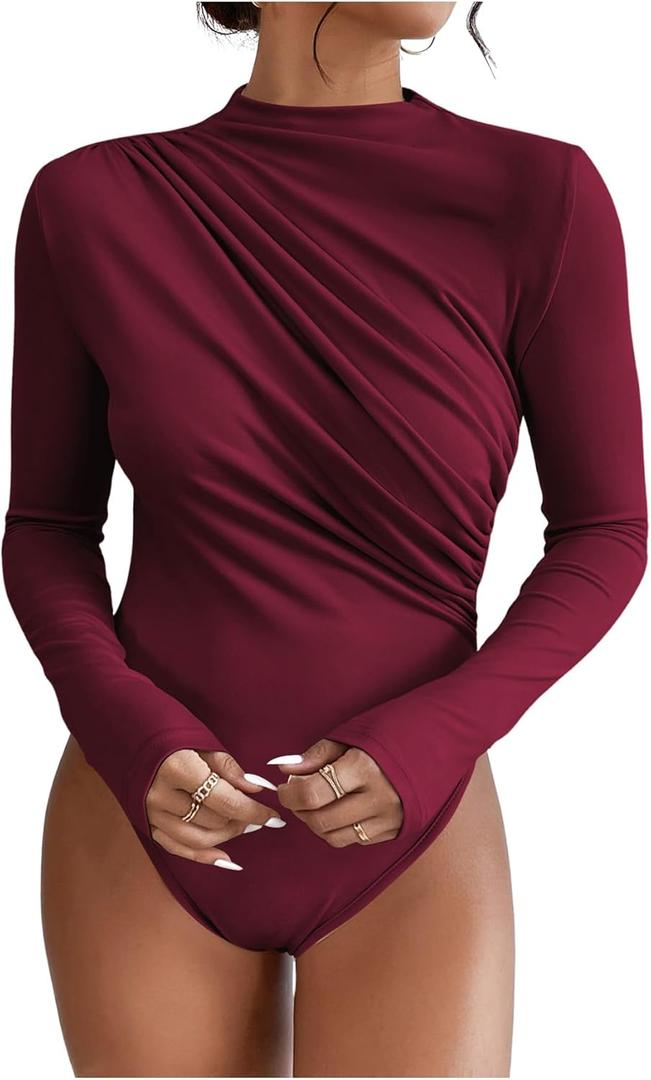 SweatyRocks Women's Bodysuit Mock Neck Casual Ruched Long Sleeve Jumpsuit (Medium, Burgundy)