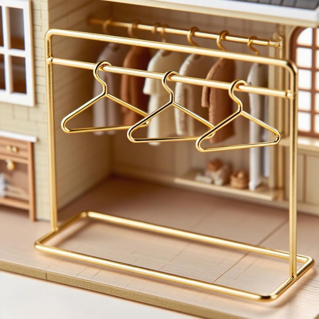 1:12 Dollhouse Metal Garment Rack Set with 3Pcs Gold Clothes Hangers, Dollhouse Mini Clothes Storage Furniture Accessories for Bedroom,Living Room,Shower Supplies