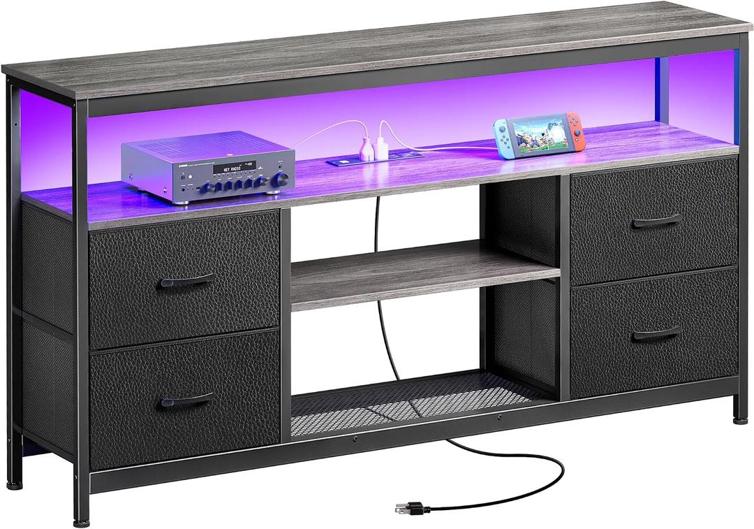 Huuger TV Stand Dresser with Power Outlets and LED Lights, 4 Drawers Entertainment Center with Shelves, 54in Media Console for 55 60 Inch TV, Dresser with PU Finish, Grey and Black