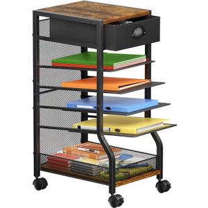 keomaisyto 6-Tier Rolling File Cart with Drawer, Under Desk Storage with Paper Letter Sliding Trays, Standing File Organizer with Wheels, Slim Workspace Organizers for Office/Home/School/Study