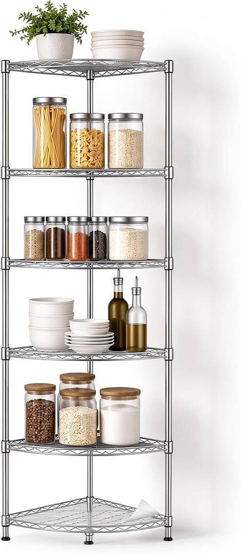 6-Tier Metal Corner Shelf Wire Shelving Unit - 600lbs Capacity, Adjustable, with Leveling Feet & Shelf Liners - Ideal for Garage, Kitchen - 20" L x 20" D x 72" H - Quarter Round-Shape