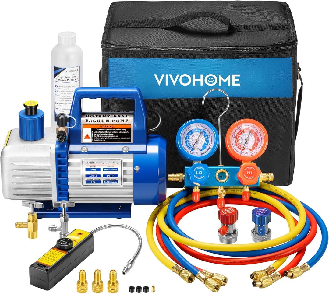 VIVOHOME 110V 1/3 HP 4CFM Single Stage Rotary Vane Air Vacuum Pump and R134a AC Manifold Gauge Set Kit with Leak Detector Carry Bag for HVAC Air Conditioning Refrigeration Recharging ETL Listed (blue)