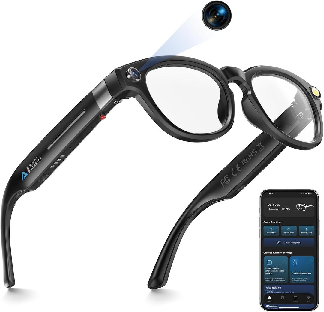 8MP Camera Glasses, AI Smart Glasses with Real-Time Translation & Object Analysis | HD 1200P 4K Video Recording Sunglasses (Color-Change Lense)