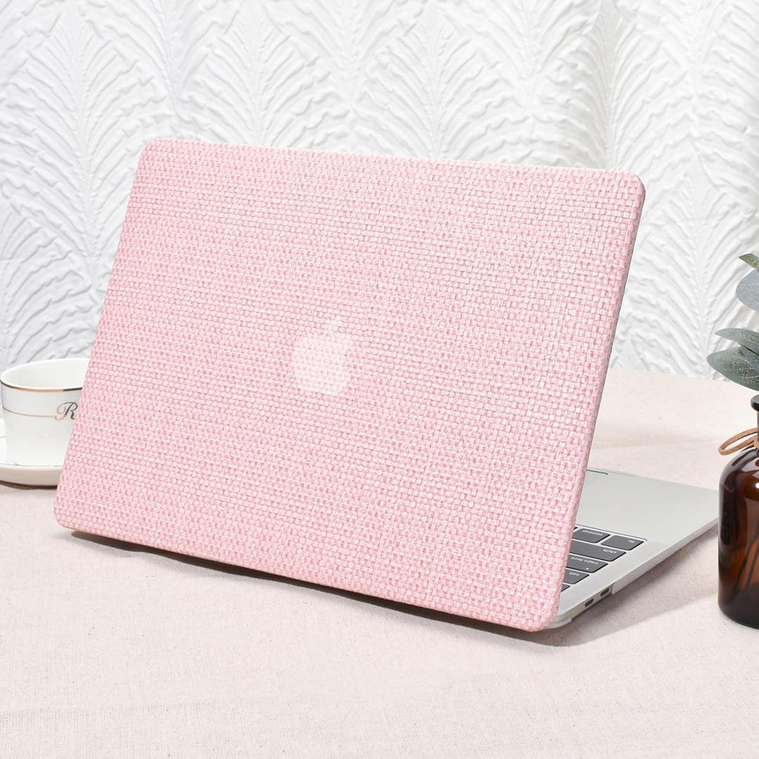 Seorsok Compatible with MacBook Air 13 Inch Case2022 2021 2020 2019 2018 Release A1932 A2179 M1 A2337 Touch ID,Elegant Leather Plastic Hard Shell Case Transparent Keyboard Cover,Pink Woven Fabric