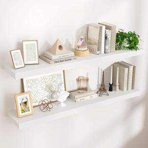 Floating Shelves for Wall, 48"W x 9"D x 1.5"H, 2 Pack of Long Wall Mounted Engineered Wood Shelves with Invisible Brackets for Living Room, Bedroom, Bathroom, Kitchen Decor and Storage, White (48"W x 9"D, 2 pack)