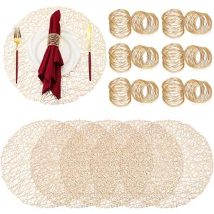 Set of 12 Woven Gold Placemats Hollow Out Holiday Metallic Mats Golden Round Placemats Handmade Mesh Napkin Rings Holder Gold Napkin Rings for Weddings Dinner Table Parties