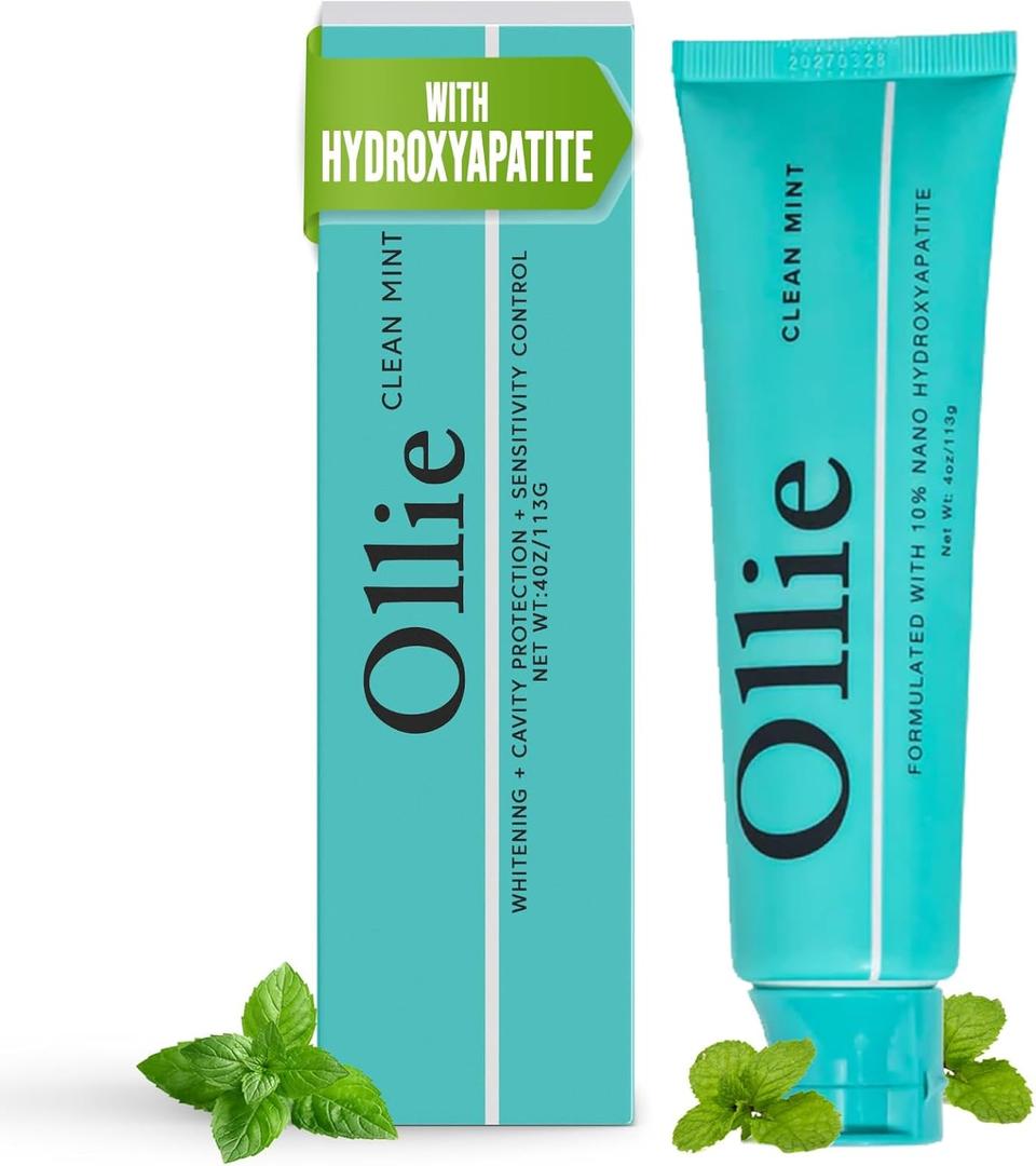 Ollie Fluoride Free 10% Nano Hydroxyapatite Toothpaste for Remineralizing Enamel, Sensitive Teeth & Whitening, Clean Mint 4oz (Pack of 1)
