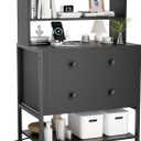 24 Inch Wide Night Stand, Large Wooden Night Stand with 2 Adjustable Drawes, Tall Nightstand with 4-Tier Shelves and Charging Station, Bedside Table for Living Room/Bedroom/Office, Black.