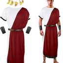 SATINIOR 4 Pcs Greek Toga Costume Men Greek God Outfit Halloween Adult Roman Accessories Set (Medium, Red and White)