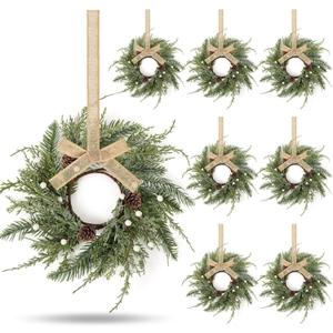 8 PCS Christmas Wreath Christmas Kitchen Cabinet Wreaths with Burlap Ribbon Mini Wreath Pine Garland Frosted Cedar Pine Cone Hanging Garlands Candle Rings for Front Door Window Chair Wall