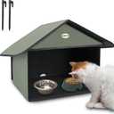 Dreyoo Outdoor Cat Feeding Station for Food & Water, Weatherproof Outdoor Kitty Dining Room Cat Shelter for Stray, Feral Cats and Community Cats, 13d x 17w x 15.5'h (1 Pack,Dark Green)