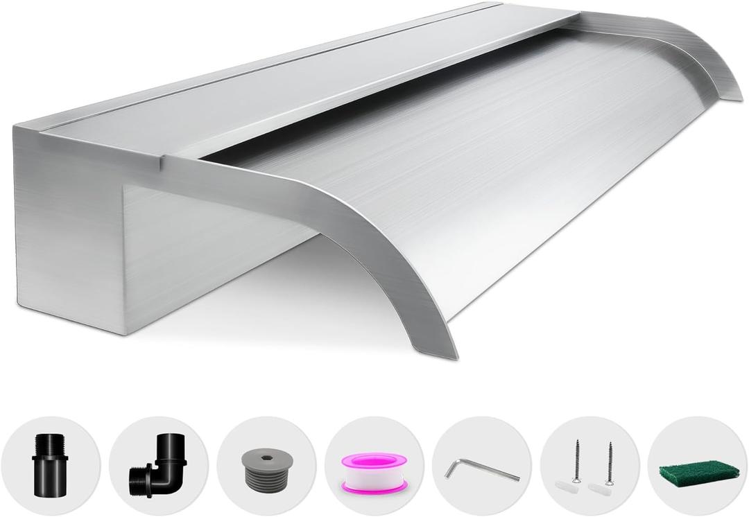 Waterfall Spillway, Stainless Steel Pool Fountain w/Top Open Lip & Pipe Connector Kits for Outdoor/Indoor Decorative, 23.6'' Pool Water Feature for Garden Patio, Backyard Koi Pond Decor (24 INCH-Curved)