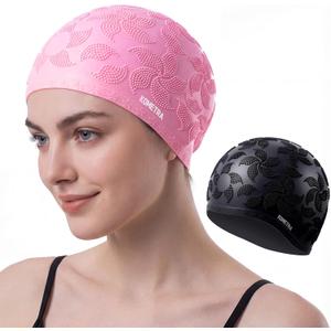 4 x Women Swim Cap 2 Pack for Long Hair, Silicone Flower Adult Swiming Caps Waterproof for Girl Youth No Wet Hair (Pink)