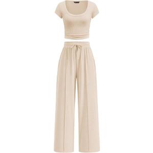 PRETTYGARDEN Women's Summer 2 Piece Matching Lounge Sets Short Sleeve Crop Tops Wide Leg Pants 2026 Airport Travel Outfits, M