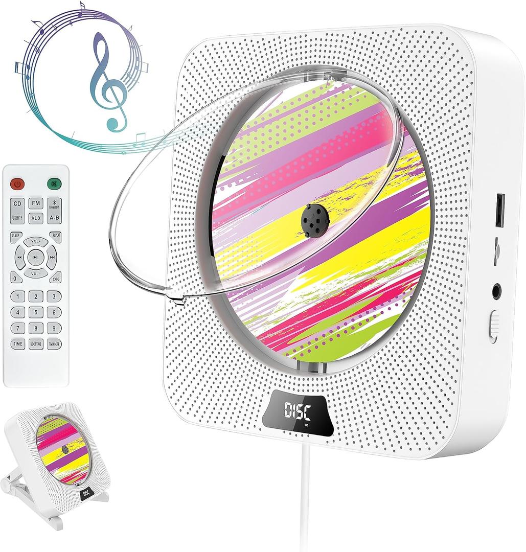Portable CD Player with Bluetooth, Wall Mountable CD Player with Dust Cover,FM Radio,Built-in Speakers,USB Port,AUX Input,LCD Display