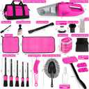 ThinkLearn Car Cleaning Kit, Car Vacuum Detailing Kit Interior with High Power Handheld Vacuum, Including 7Pcs Detailing Brush Set, Windshield Cleaner, Pink Car Accessories for Women