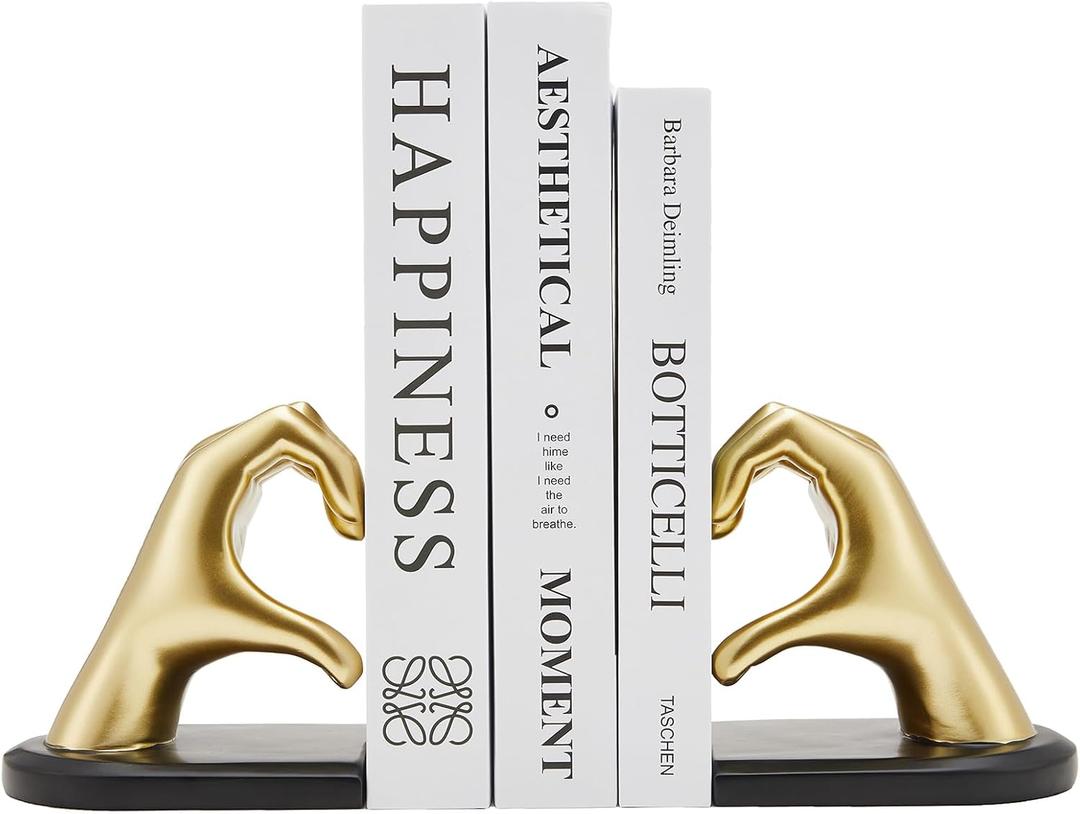 Gold Bookends, Heavy Duty Bookend Holder Decor, Golden Finger Heart Shaped, Modern Art Sculpture, Finger Home Decoration, Bookends Decorative, Boho Decor for Desktop Bedroom Study Room