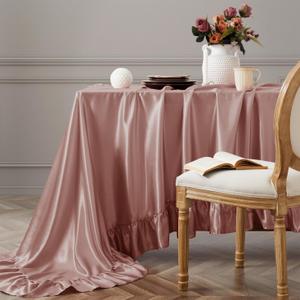 Vonty Ruffle Tablecloth Rose Gold Satin Tablecloth - 60" x 84", Silky Table Cloth Rectangle Scalloped Table Cloth Farmhouse Tables Cover Silk Tablecloths Vintage Tables Skirt for Kitchen Dining