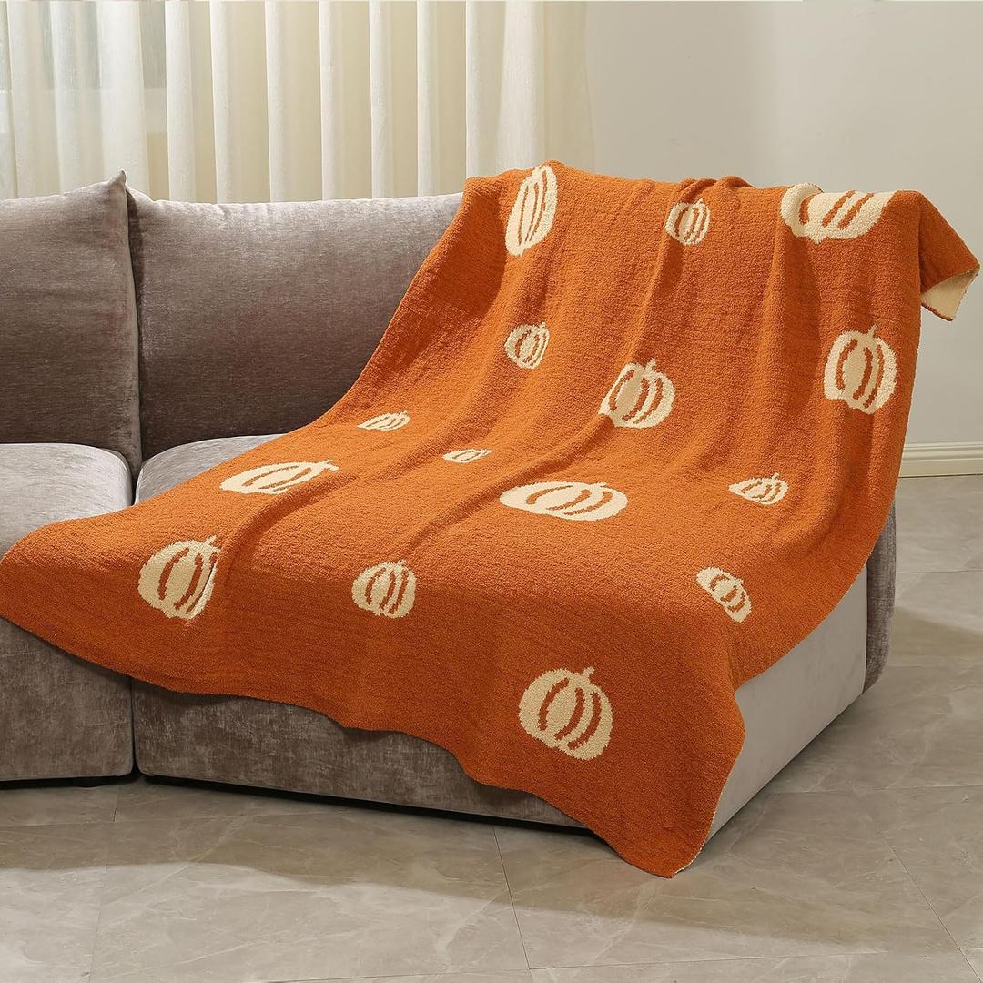 QQP Soft Burnt Orange Throw Blanket for Couch,Cute Microfiber Reversible Fluffy Pumpkin Halloween Throw Blanket,50X60In Lightweight Outdoor Travel Blanket.Caramel