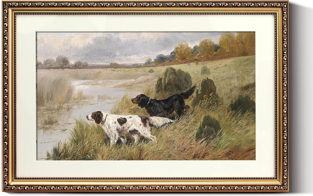 ARPEOTCY Vintage Gold Framed Large Wall Art, Retro River Dog Landscape Paintings, Canvas Prints Artwork with Antique Frame, Victorian Wall Picture Decor for Room Gallery Living Room, 16x24 inch