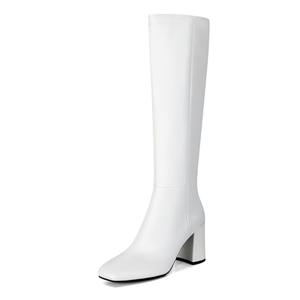 SOVANYOU White Knee High Boots Leather Tall White Boots for Women Chunky Heeled Tall Boots Square Toe Long Boots Go-Go Boot 7.5