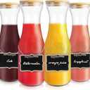 Glass Carafe with Bamboo Lid,35 Oz Beverage Dispensers Juice Bottles,Mimosa Bar Supplies,Clear Glass Pitcher with Name Labels for Iced Tea,Coffee,Juice(Set of 4)