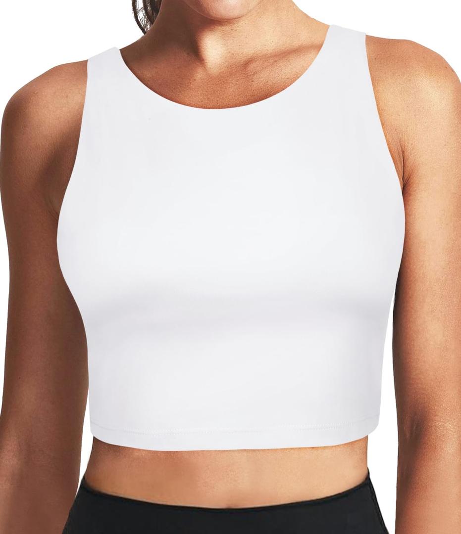 2 x High Neck Longline Sports Bras for Women with Built in Bra Pads U Back Yoga Sports Bra Push up Workout Crop Tank Tops (White, M)