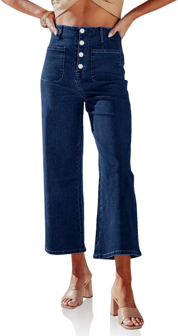 PLNOTME Womens High Waisted Cropped Jeans Trendy Wide Leg Tummy Control Capri Button Fly Denim Pants