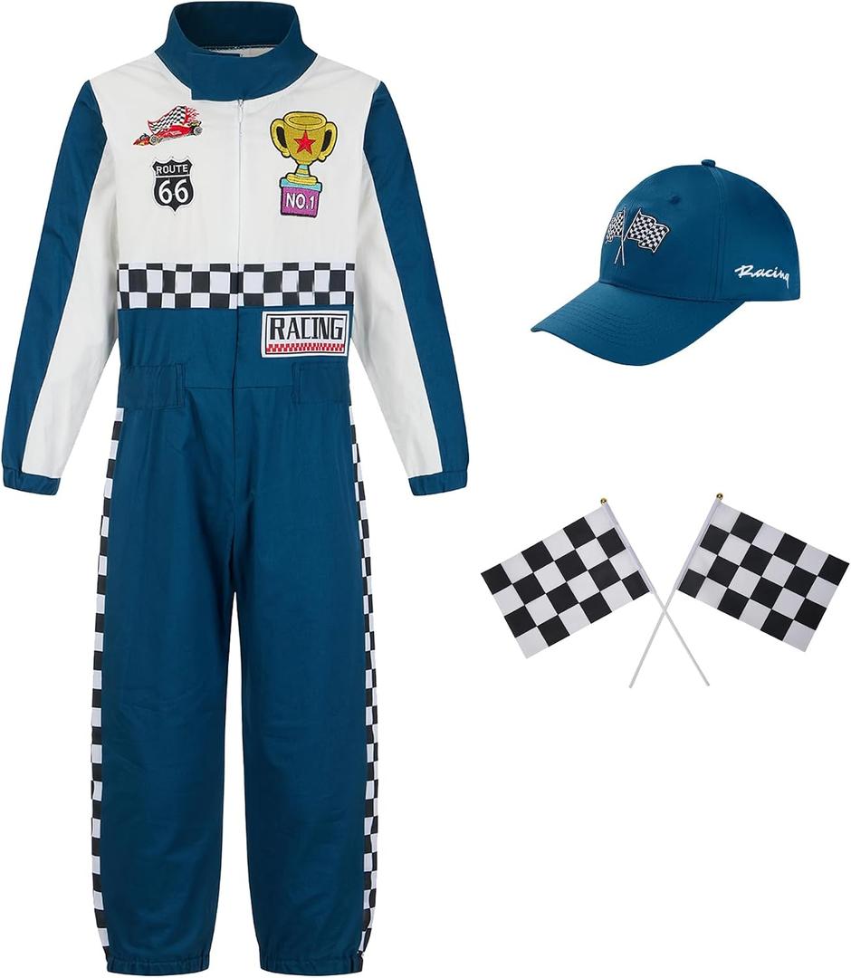 Kosgraiy Race Car Driver Costume Kid, Boy And Girl Racer Jumpsuit With Peaked Cap, Toddler Racing Costume Halloween 4T-6T