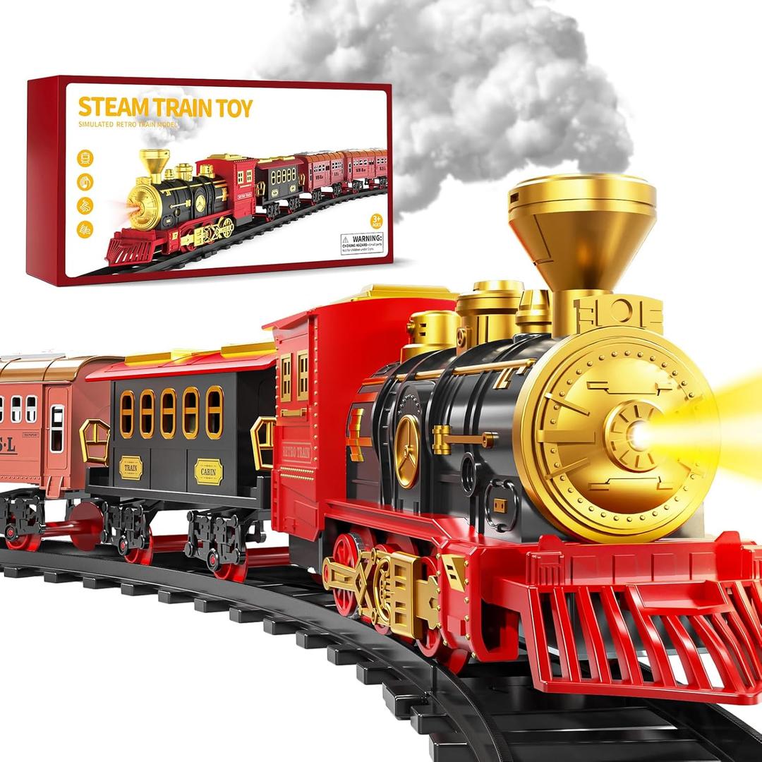 Train Set for Kids 3-5 4-7, Classic Electric Train Toys Set with Locomotive Engine, Lights & Sound Spray, Tracks for Christmas Tree, Toy Train Set for 3 4 5 6 Years Old Kids Boys Girls