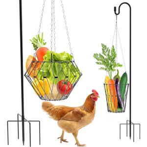 Hanging Chicken Feeder with Shepherd's Hook, Foldable Chicken Vegetable Fruits Feeder, Poultry Feeding Holder Basket with Hanging Chain for Chicken Coop Accessory