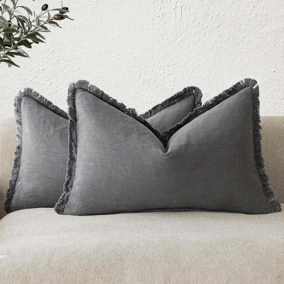 Foindtower Set of 2 Decorative Linen Fringe Throw Pillow Covers Boho Farmhouse Cushion Cover with Tassels Lumbar Accent Pillowcase for Couch Bed Sofa Living Room Home Bedroom Decor,1224 Inch,Gray (Grey)