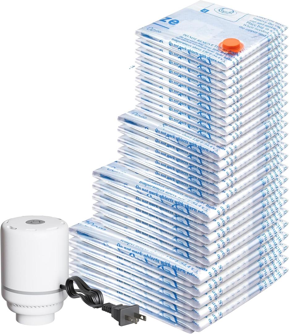 Vacuum Storage Bags with Electric Air Pump 24 Combo (5 Jumbo/5 Large/5 Medium/5 Small/4 Roll), Plastic Packaging Bags, Space Saver Sealer Bags for Clothes, Pillows, Comforters, Blankets, Bedding